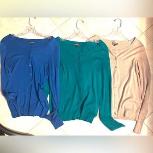 3 Express Cardigans in Emerald Green, Sapphire Blue, and Camel Tan